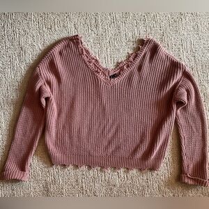 🌸 Moon & Madison Anthropologie Oversized V Neck Fringe Cropped Knit Sweater S